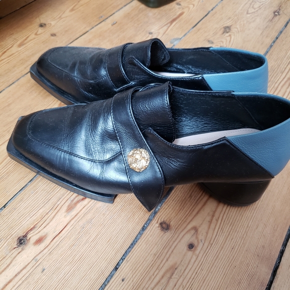 Reike Nen Black and Light Blue Heeled Loafers - Picture 2 of 5